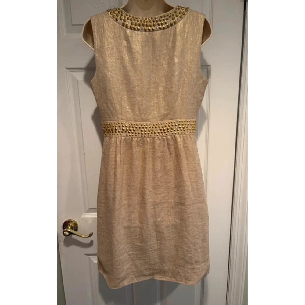 Kate Spade New York Gold Metallic Linen Studded Sheath Dress NJMU1225 Womens 4